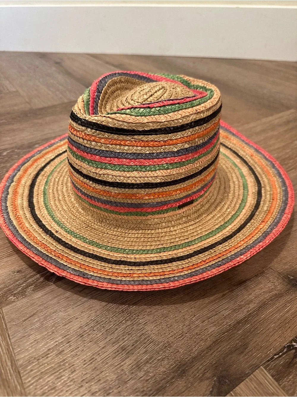 Brixton Straw Sun Hat in Natural with Pink, Green, Orange, Black Stripes